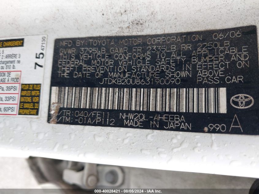 2006 Toyota Prius VIN: JTDKB20U863190090 Lot: 40028421