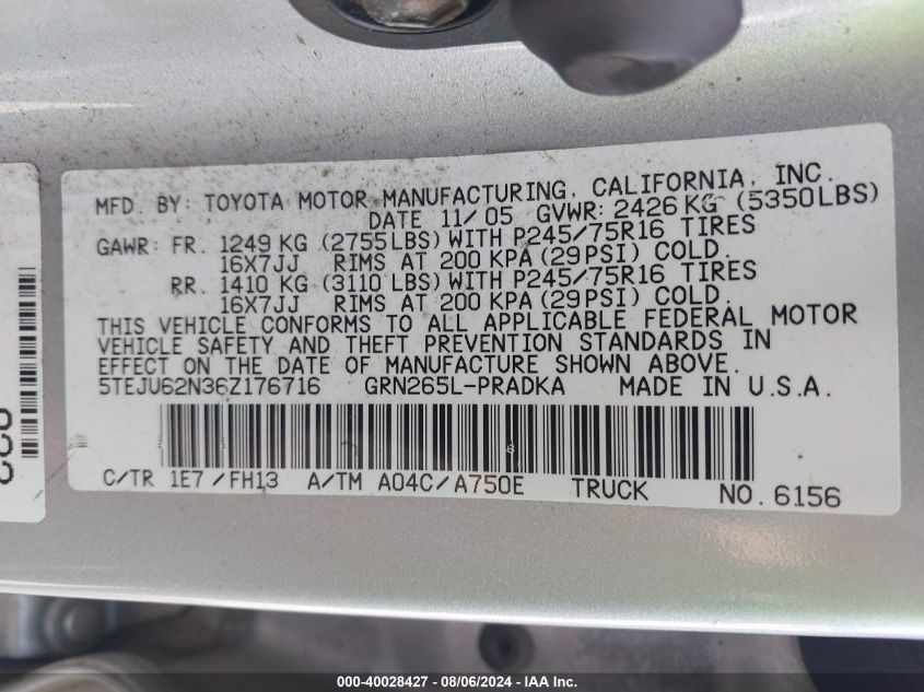 2006 Toyota Tacoma Prerunner V6 VIN: 5TEJU62N36Z176716 Lot: 40028427
