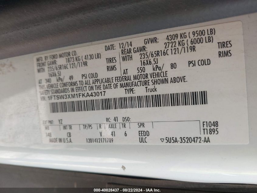 2015 Ford Transit-350 VIN: 1FTSW3XM1FKA43017 Lot: 40028437