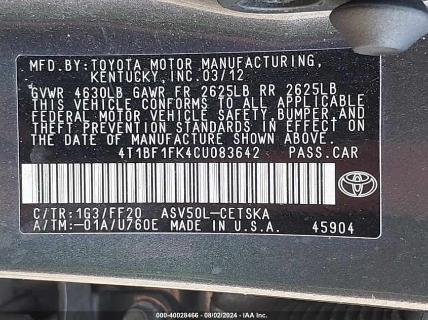 4T1BF1FK4CU083642 | 2012 TOYOTA CAMRY