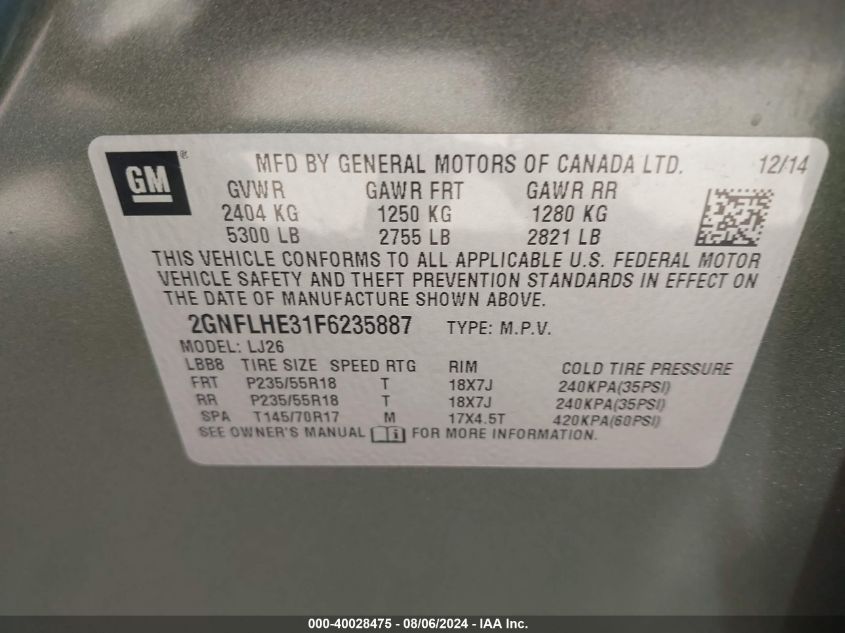 2015 Chevrolet Equinox Ltz VIN: 2GNFLHE31F6235887 Lot: 40028475