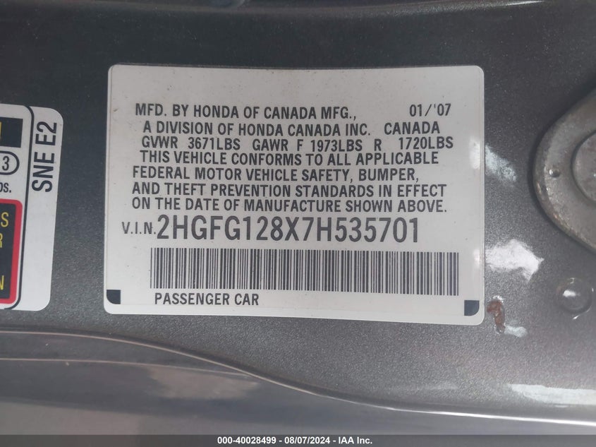 2007 Honda Civic Ex VIN: 2HGFG128X7H535701 Lot: 40028499