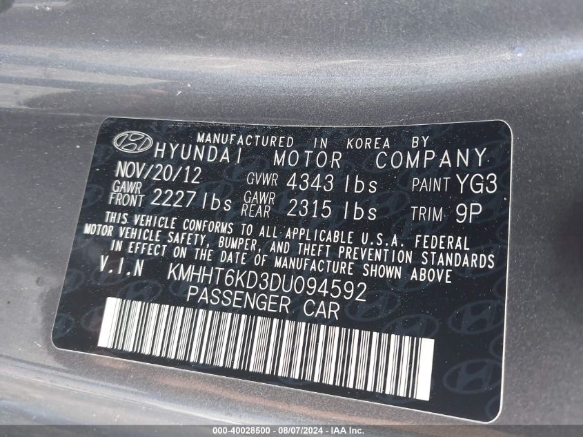 2013 Hyundai Genesis 2.0T VIN: KMHHT6KD3DU094592 Lot: 40028500