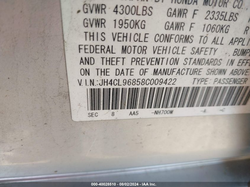 2008 Acura Tsx VIN: JH4CL96858C009422 Lot: 40028510