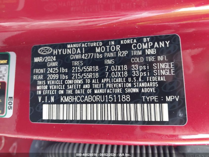 2024 Hyundai Kona Sel VIN: KM8HCCAB0RU151188 Lot: 40028516