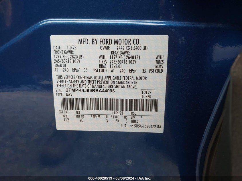 2024 Ford Edge Sel VIN: 2FMPK4J99RBA44096 Lot: 40028519