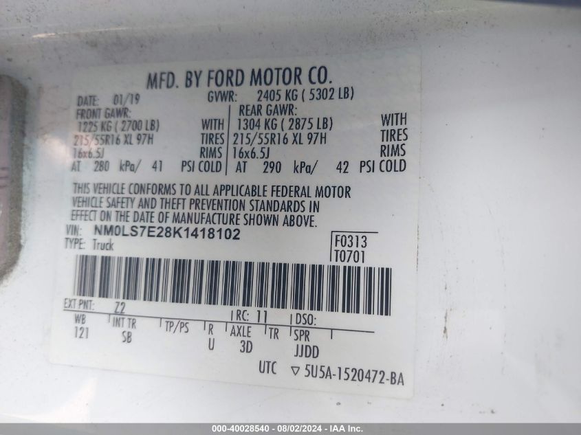 2019 Ford Transit Connect Xl VIN: NM0LS7E28K1418102 Lot: 40028540