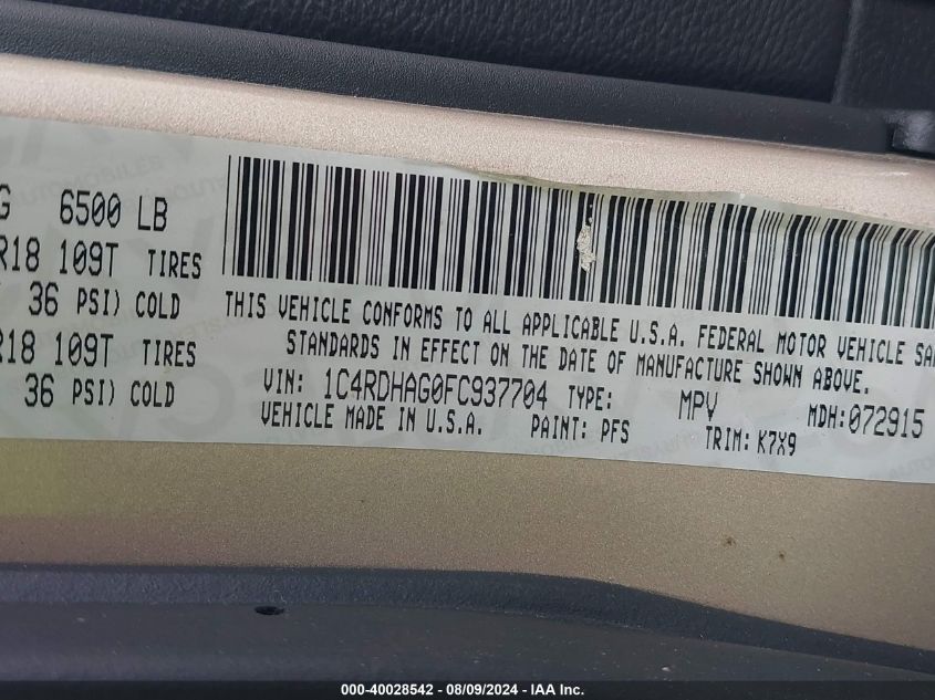 2015 Dodge Durango Sxt VIN: 1C4RDHAG0FC937704 Lot: 40028542