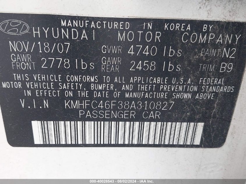 KMHFC46F38A310827 2008 Hyundai Azera Limited