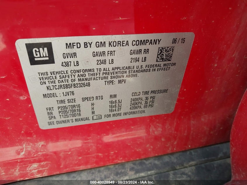 2015 CHEVROLET TRAX LT - KL7CJRSB5FB232648