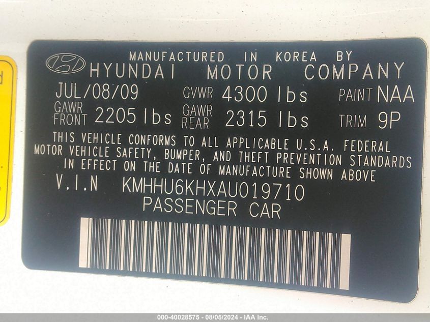 2010 Hyundai Genesis 3.8 Grand Touring VIN: KMHHU6KHXAU019710 Lot: 40028575