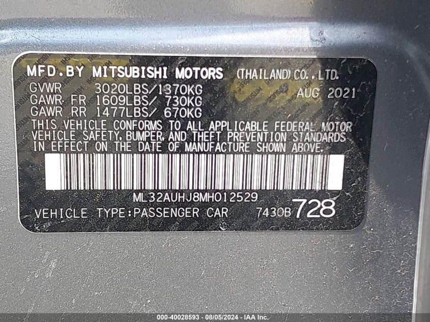 2021 Mitsubishi Mirage Es/Le/Carbonite Edition VIN: ML32AUHJ8MH012529 Lot: 40028593