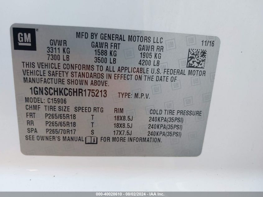 2017 Chevrolet Suburban Lt VIN: 1GNSCHKC6HR175213 Lot: 40028610