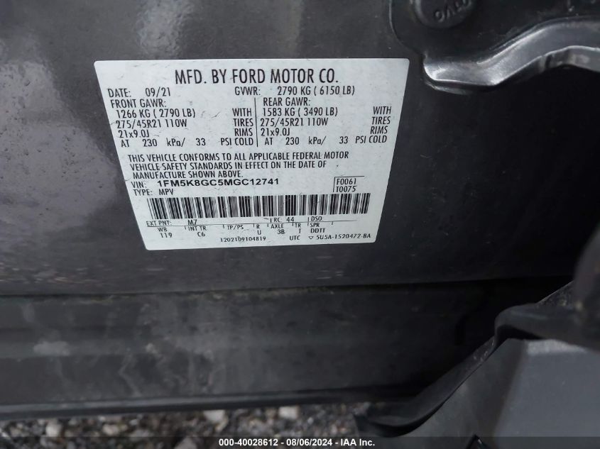 2021 Ford Explorer St VIN: 1FM5K8GC5MGC12741 Lot: 40028612