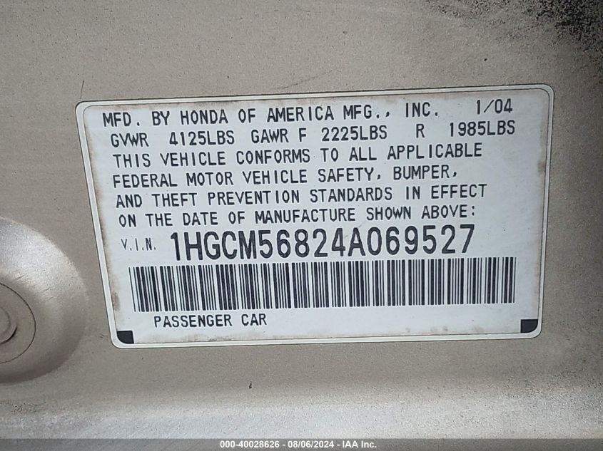 2004 Honda Accord Ex VIN: 1HGCM56824A069527 Lot: 40028626