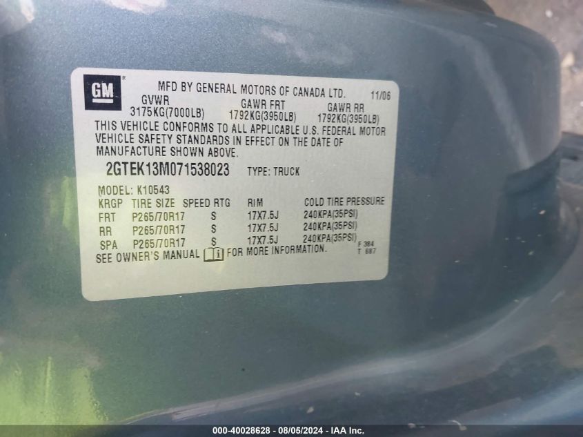 2007 GMC New Sierra K1500 VIN: 2GTEK13M071538023 Lot: 40028628