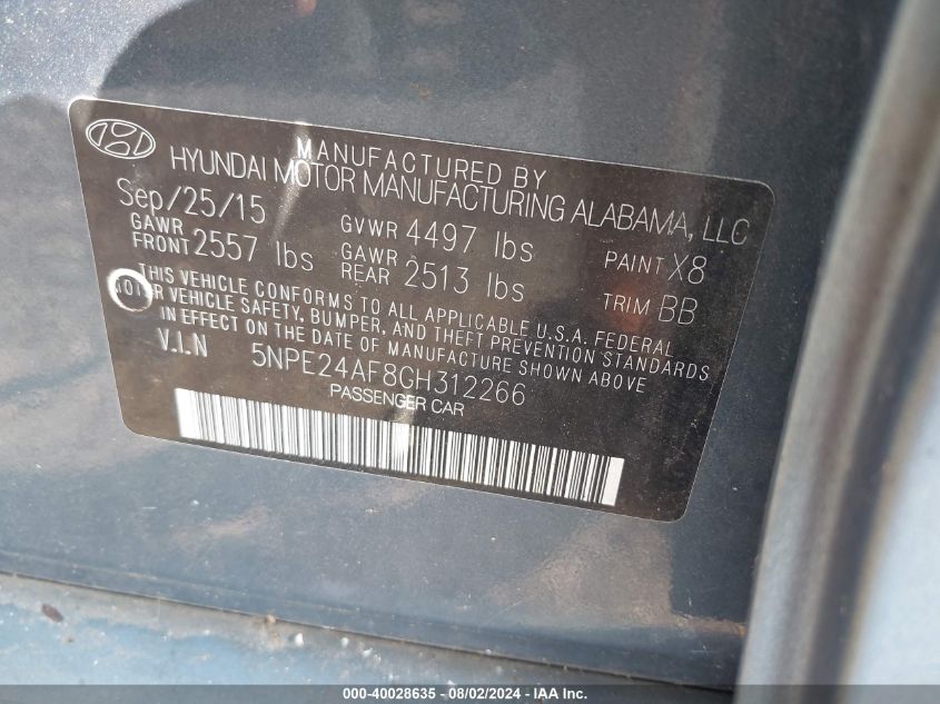 2016 Hyundai Sonata Se VIN: 5NPE24AF8GH312266 Lot: 40028635