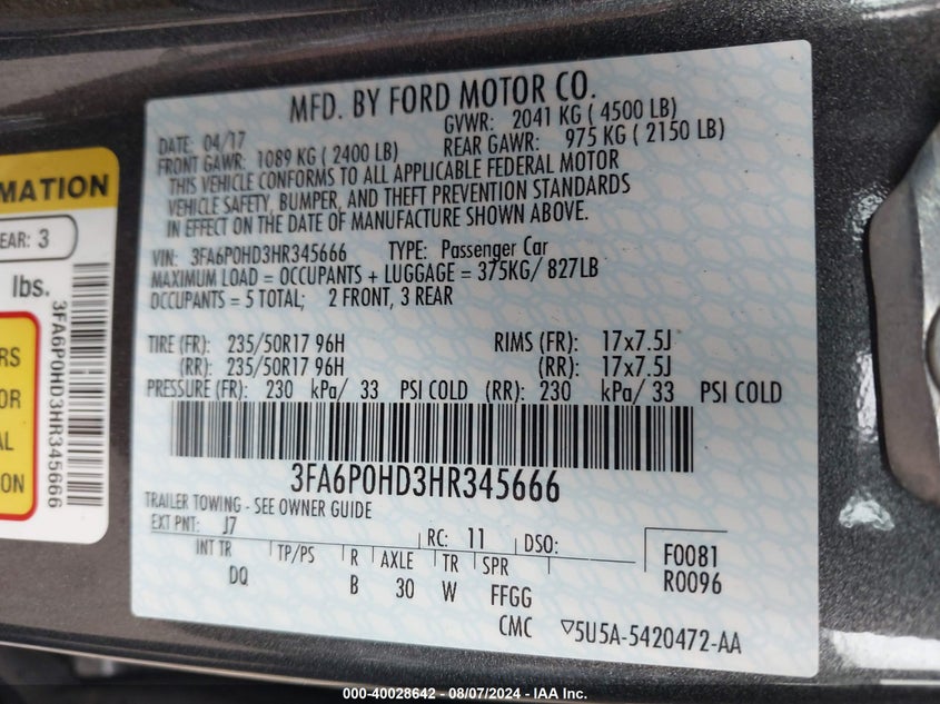 2017 Ford Fusion Se VIN: 3FA6P0HD3HR345666 Lot: 40028642