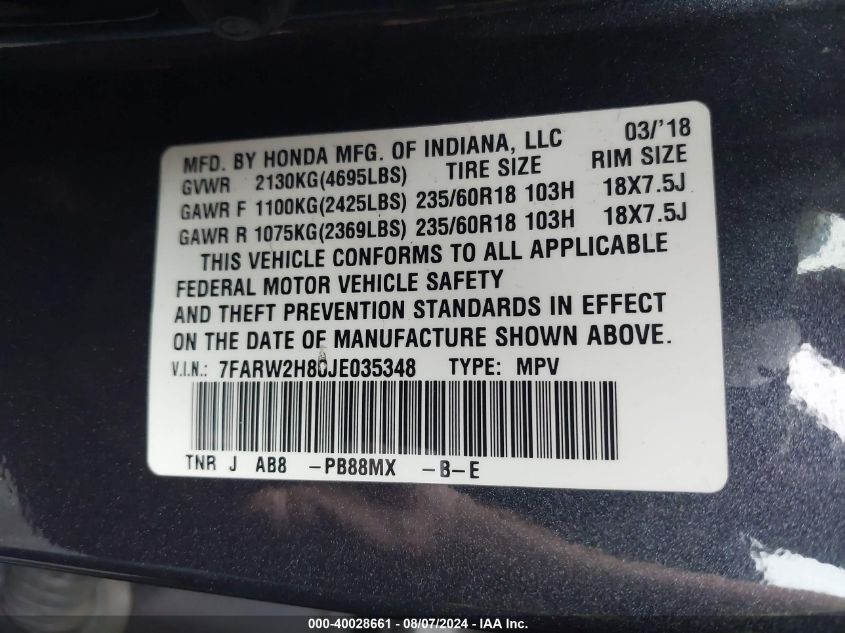 2018 Honda Cr-V Exl VIN: 7FARW2H80JE035348 Lot: 40028661