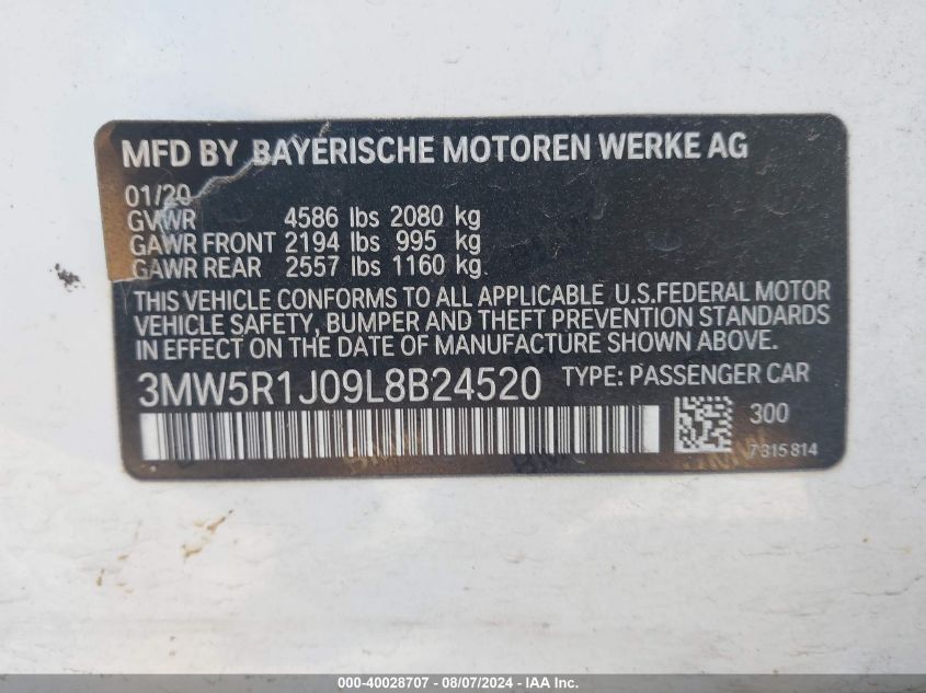 VIN 3MW5R1J09L8B24520 2020 BMW 3 Series, 330I no.9