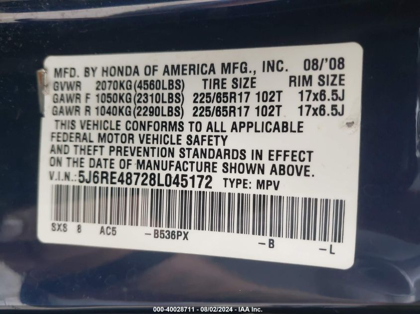 2008 Honda Cr-V Ex-L VIN: 5J6RE48728L045172 Lot: 40028711
