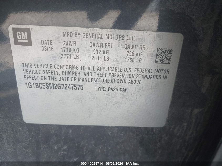 2016 Chevrolet Cruze Ls VIN: 1G1BC5SM2G7247575 Lot: 40028714