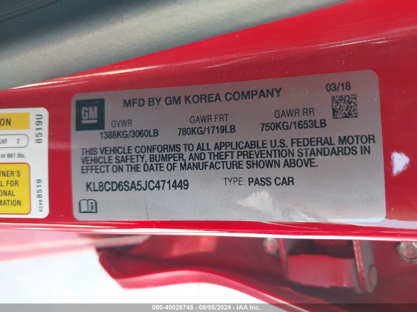 KL8CD6SA5JC471449 2018 Chevrolet Spark 1Lt Cvt