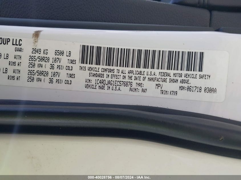 2014 Dodge Durango Sxt VIN: 1C4RDJAG1EC576876 Lot: 40028756