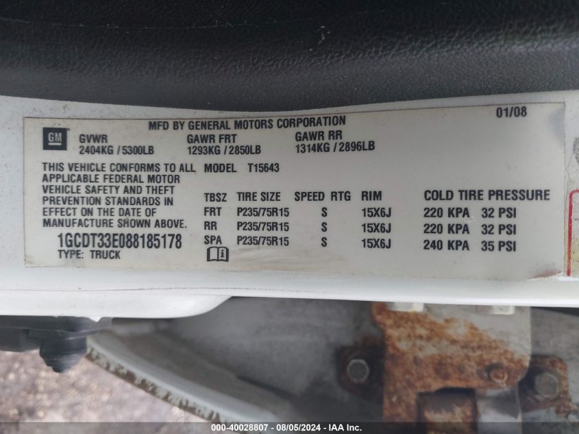 2008 Chevrolet Colorado Lt VIN: 1GCDT33E088185178 Lot: 40028807