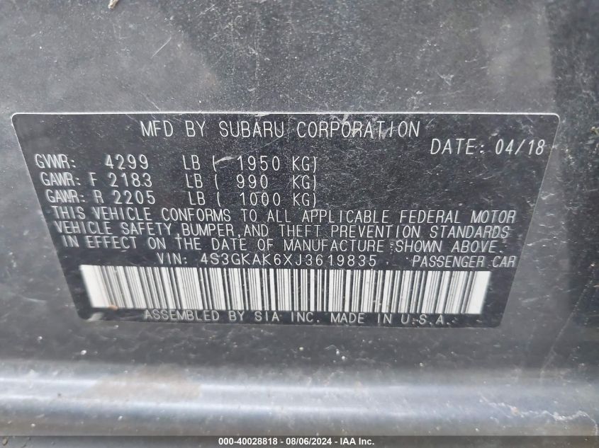 2018 Subaru Impreza Sport VIN: 4S3GKAK6XJ3619835 Lot: 40028818