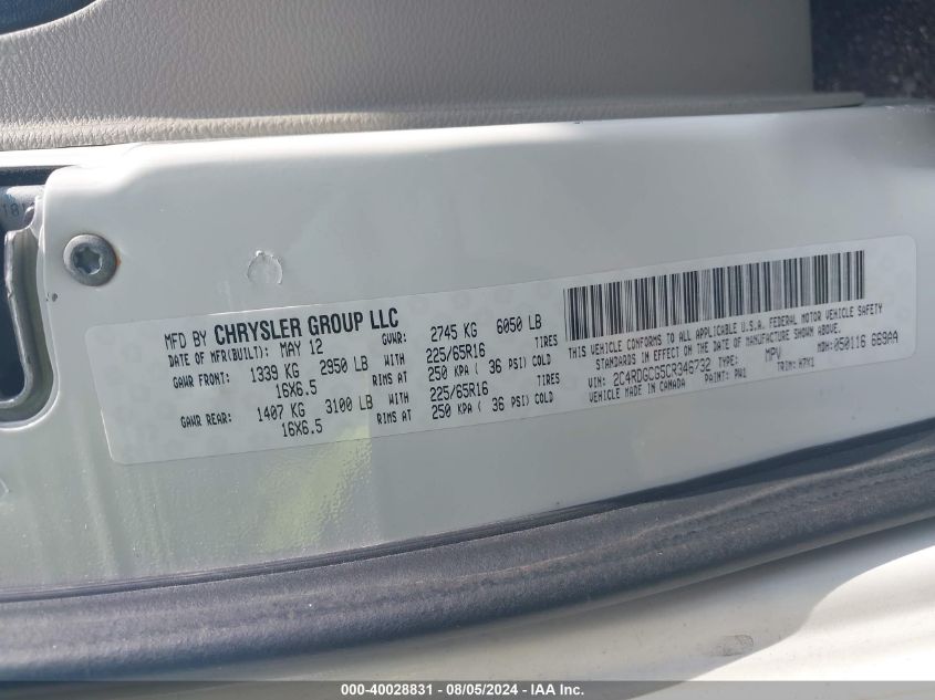 2012 Dodge Grand Caravan Sxt VIN: 2C4RDGCG5CR346732 Lot: 40028831