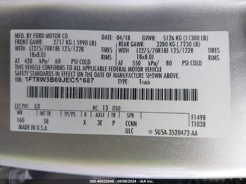 2018 Ford F-350 Lariat VIN: 1FT8W3B69JEC51687 Lot: 40028846