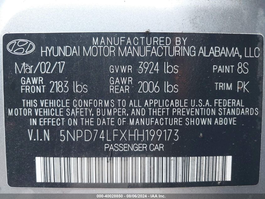 2017 Hyundai Elantra Se VIN: 5NPD74LFXHH199173 Lot: 40028850