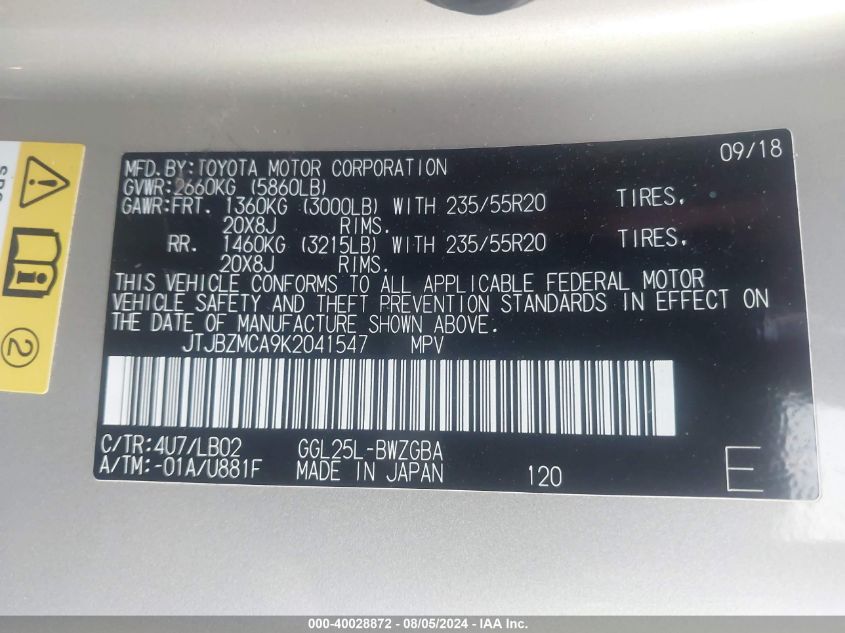 2019 Lexus Rx 350 Base/350 F Sport VIN: JTJBZMCA9K2041547 Lot: 40028872