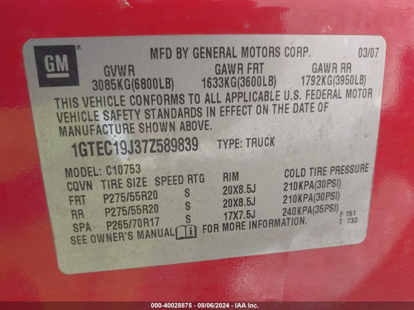 1GTEC19J37Z589839 2007 GMC Sierra 1500 Slt