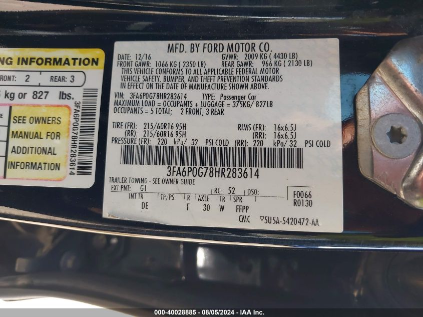 2017 FORD FUSION S - 3FA6P0G78HR283614