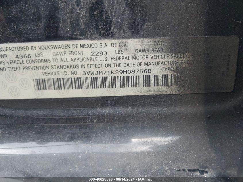 2009 Volkswagen Jetta S VIN: 3VWJM71K29M087568 Lot: 40028896