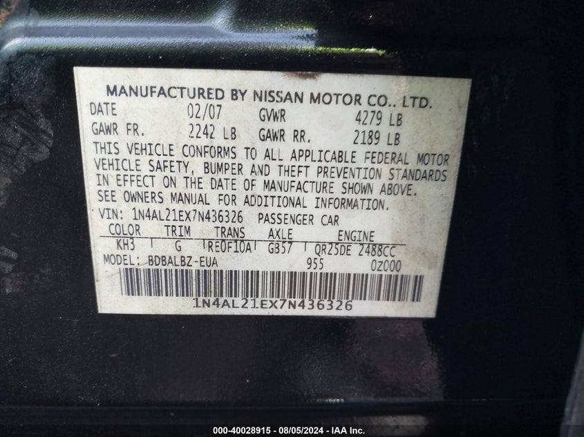 2007 Nissan Altima 2.5/2.5S VIN: 1N4AL21EX7N436326 Lot: 40028915