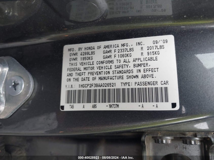 2010 Honda Accord 2.4 Lx VIN: 1HGCP2F39AA026521 Lot: 40028923