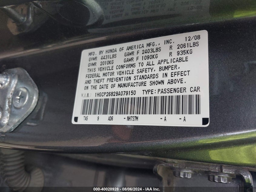 2009 Honda Accord 2.4 Ex-L VIN: 1HGCP26829A079150 Lot: 40028928