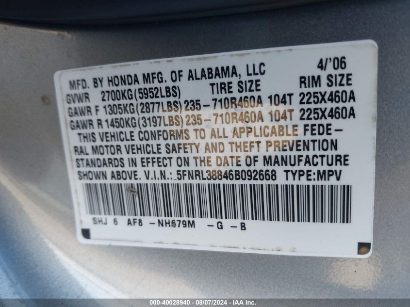 2006 Honda Odyssey Touring VIN: 5FNRL38846B092668 Lot: 40028940