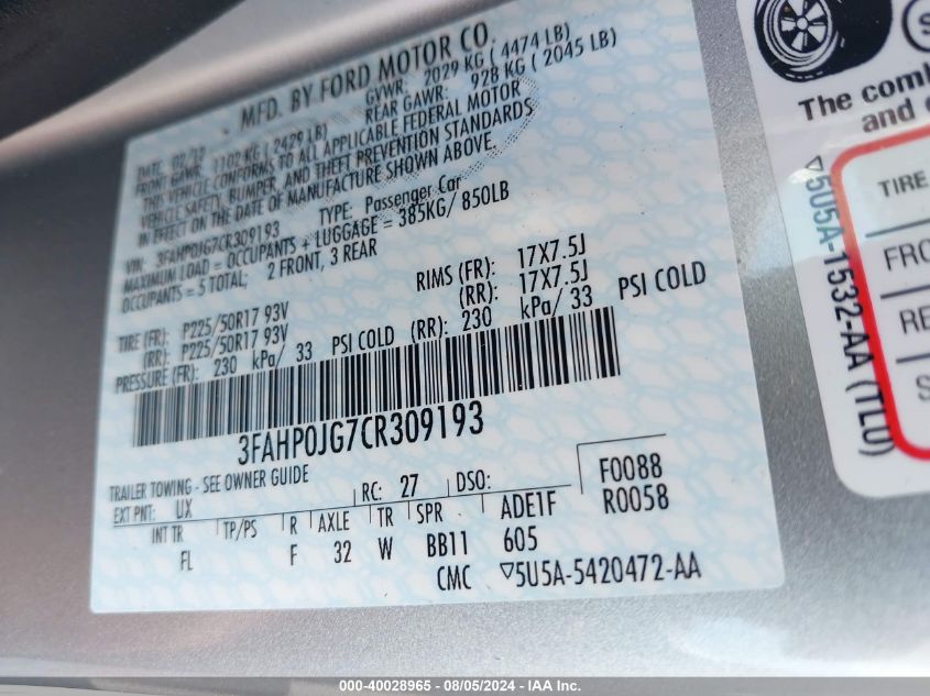 2012 Ford Fusion Sel VIN: 3FAHP0JG7CR309193 Lot: 40028965