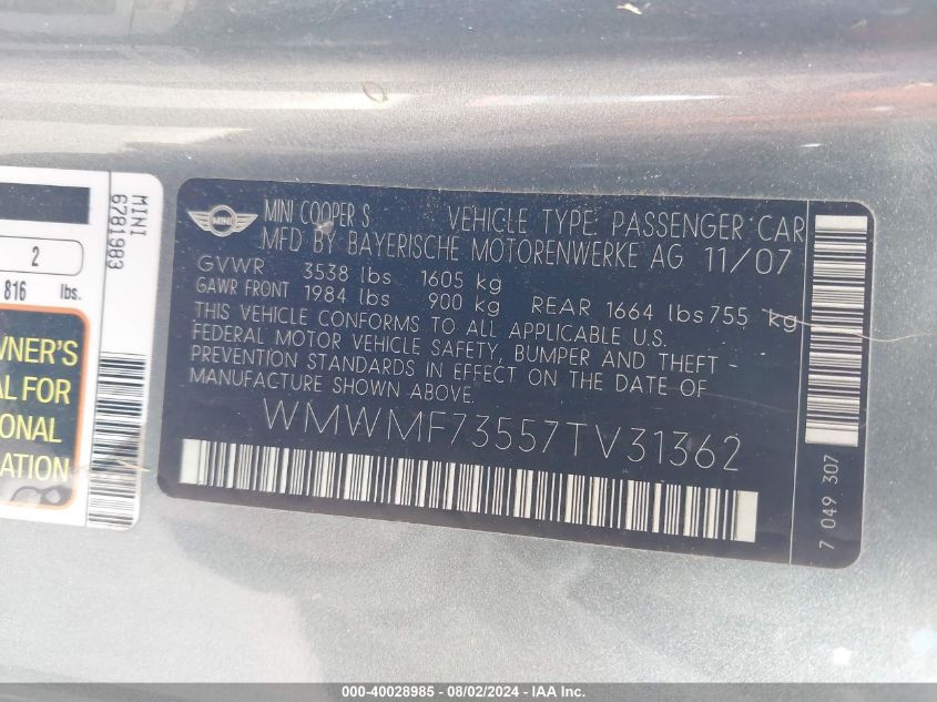 2007 Mini Cooper S VIN: WMWMF73557TV31362 Lot: 40028985