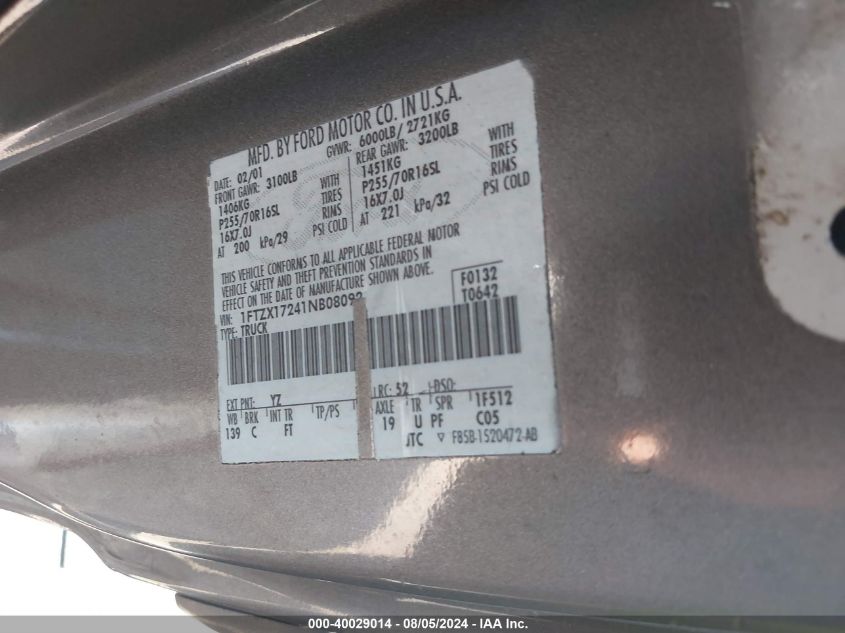 2001 Ford F150 VIN: 1FTZX17241NB08092 Lot: 40029014