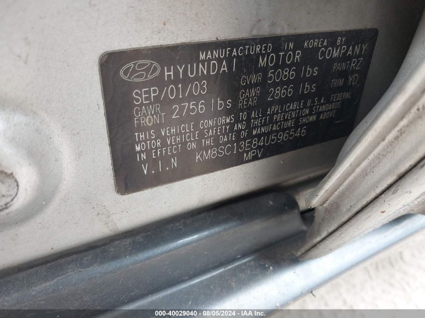 2004 Hyundai Santa Fe Gls/Lx VIN: KM8SC13E84U596546 Lot: 40029040