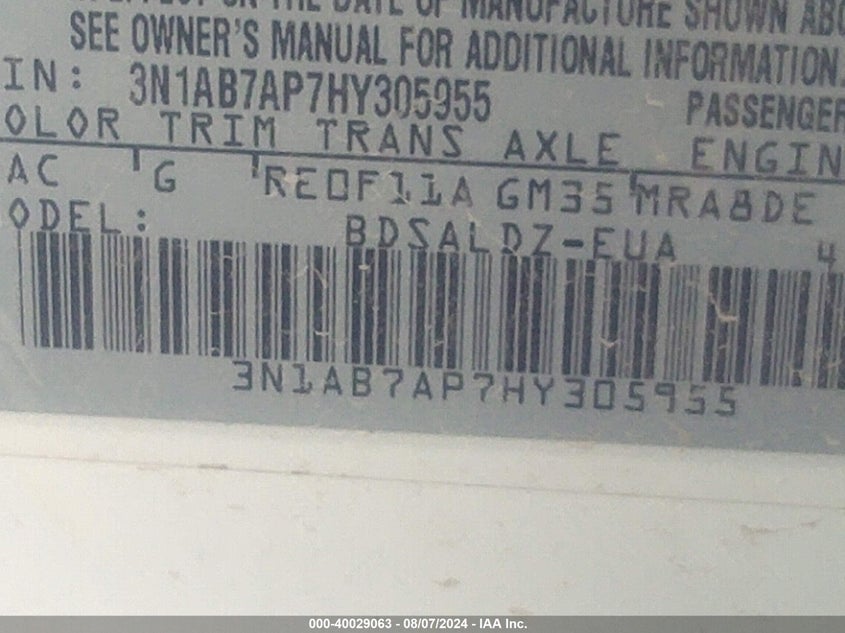 2017 Nissan Sentra Sv VIN: 3N1AB7AP7HY305955 Lot: 40029063