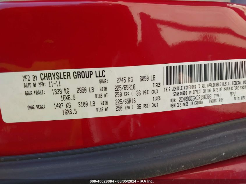 2012 Dodge Grand Caravan Sxt VIN: 2C4RDGCGXCR196309 Lot: 40029084