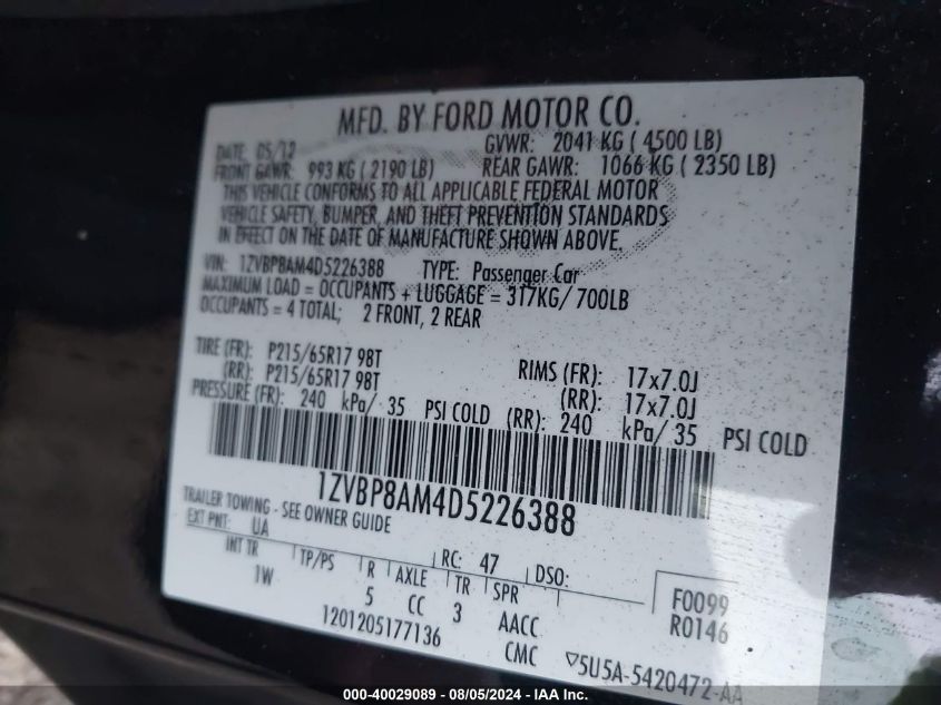 2013 Ford Mustang VIN: 1ZVBP8AM4D5226388 Lot: 40029089