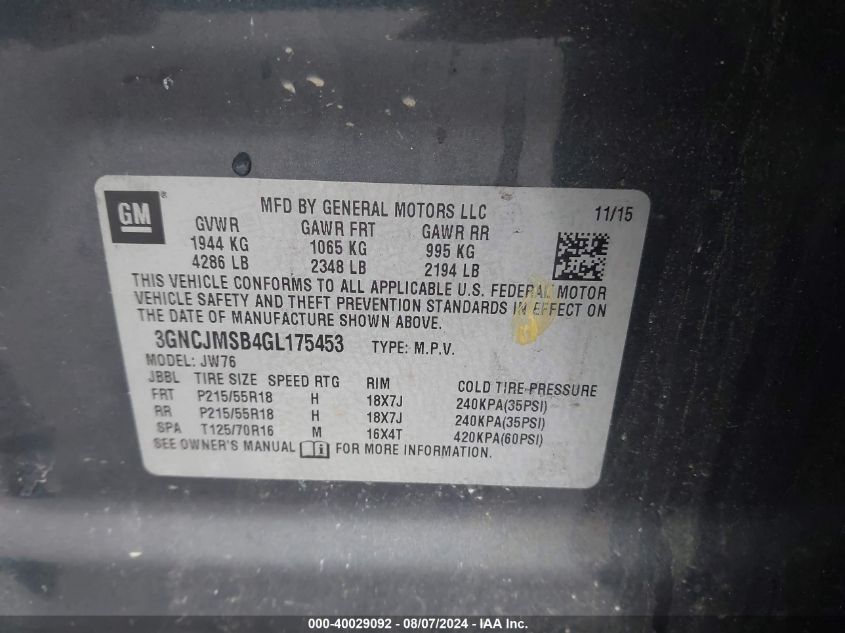 2016 Chevrolet Trax Ltz VIN: 3GNCJMSB4GL175453 Lot: 40029092