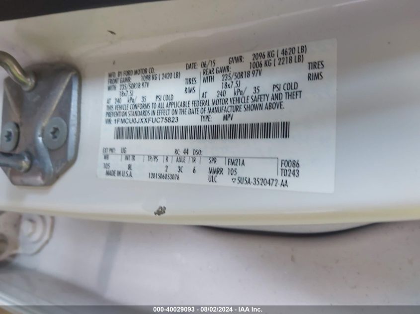 2015 Ford Escape Titanium VIN: 1FMCU0JXXFUC75823 Lot: 40029093